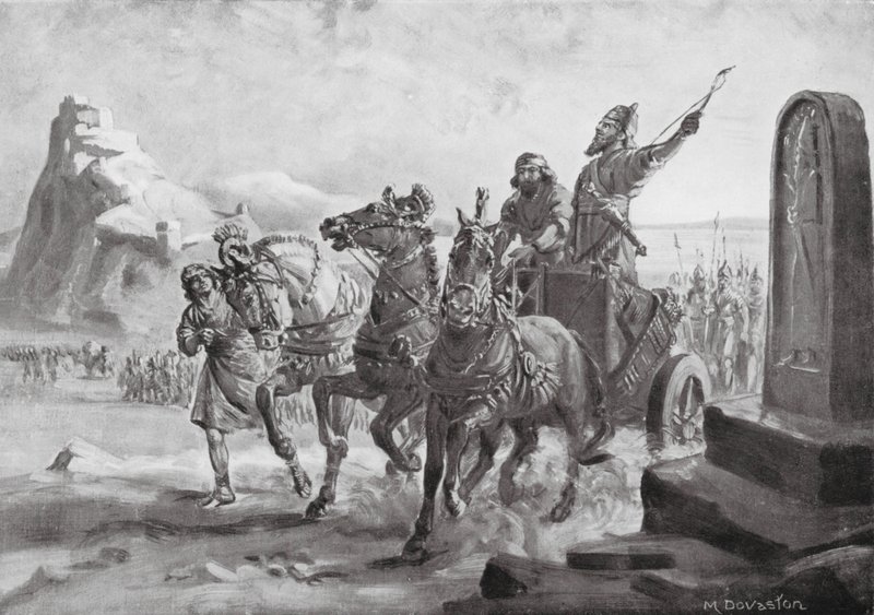 Tiglath-Pileser IV Turushpan linnoituksen edessä (litografia). tekijältä Margaret (after) Dovaston