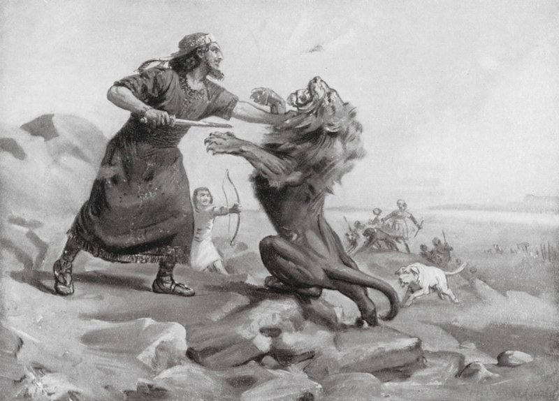 Tiglath-Pileser I tappaa leijonan (litografia) tekijältä Margaret (after) Dovaston