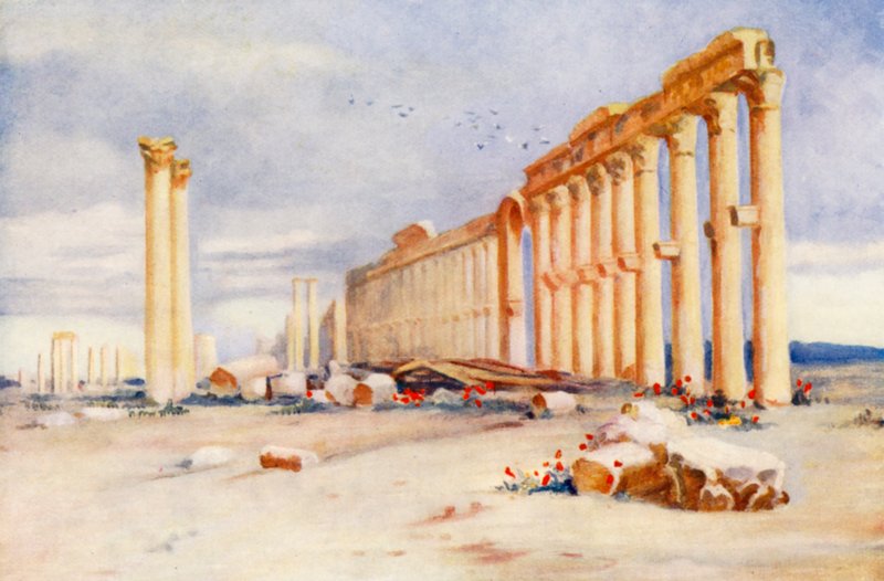 Pylväskäytävä, Palmyra, kaukana turkkilainen linna (värilitro). tekijältä Margaret Thomas