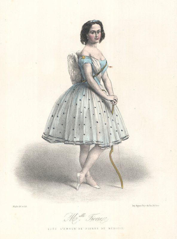 Ranskalainen balettitanssija Louise Fiocre elokuvassa Pierre de Mediciksen rakkaus Pariisin oopperassa, v. 1860 (väritanssi) tekijältä Marie Alexandre (after) Alophe