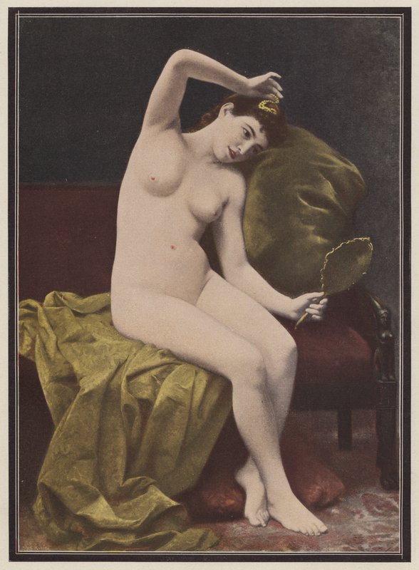Coquetry, nainen peilin kanssa (väri litho) tekijältä Marius Vasselon
