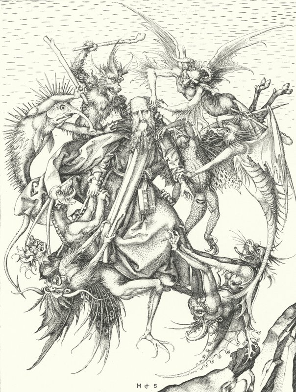 Pyhän Anthonyn kiusaus (kaiverrus) tekijältä Martin (after) Schongauer