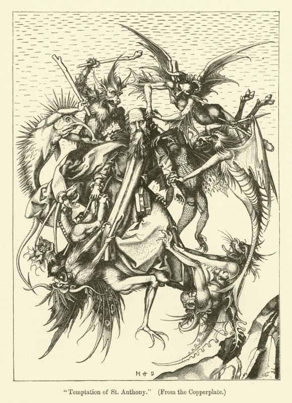 Pyhän Antoniuksen kiusaus (kaiverrus) tekijältä Martin (after) Schongauer