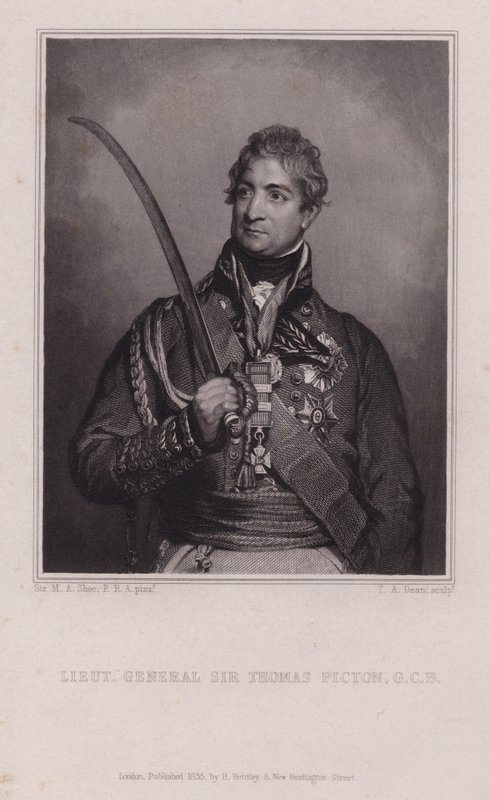 Sir Thomas Picton, walesilainen kenraali Napoleonin sodista, kuoli Waterloon taistelussa (kaiverrus) tekijältä Martin Archer (after) Shee