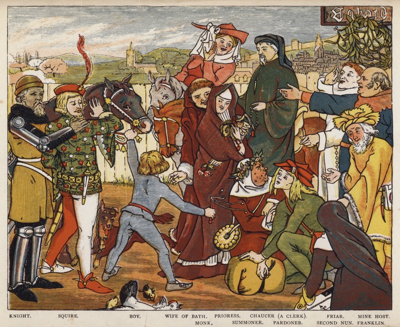 Geoffrey Chaucer, The Canterbury Tales, The Pilgrims lähtevät The Tabard Innistä (värilitho) tekijältä Mary Eliza Haweis