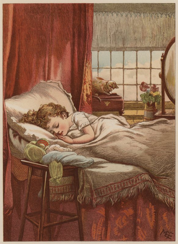 Lapsi nukkuu sängyssä (chromolitho) tekijältä Mary Ellen Edwards