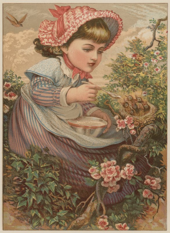 Tyttö ruokkii lintuvauvoja (chromolitho) tekijältä Mary Ellen Edwards
