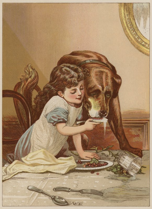 Tyttöä ruokkiva koira (chromolitho) tekijältä Mary Ellen Edwards
