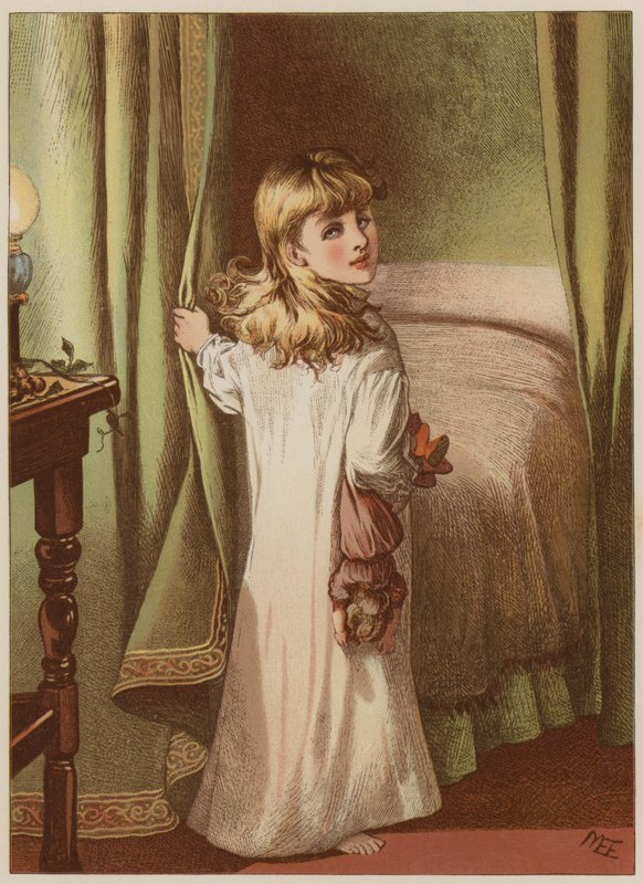 Tyttö vetäytyy sänkyyn (chromolitho) tekijältä Mary Ellen Edwards