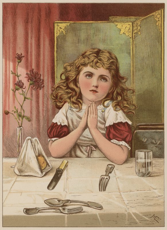 Tyttö sanoo armoa ennen ateriaa (chromolitho) tekijältä Mary Ellen Edwards