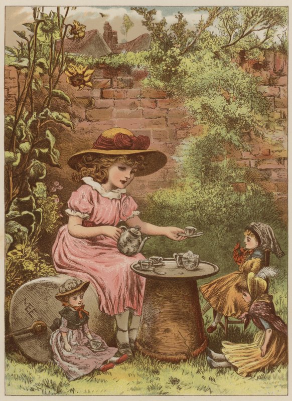 Tyttö tarjoilee teetä nukeilleen (chromolitho) tekijältä Mary Ellen Edwards