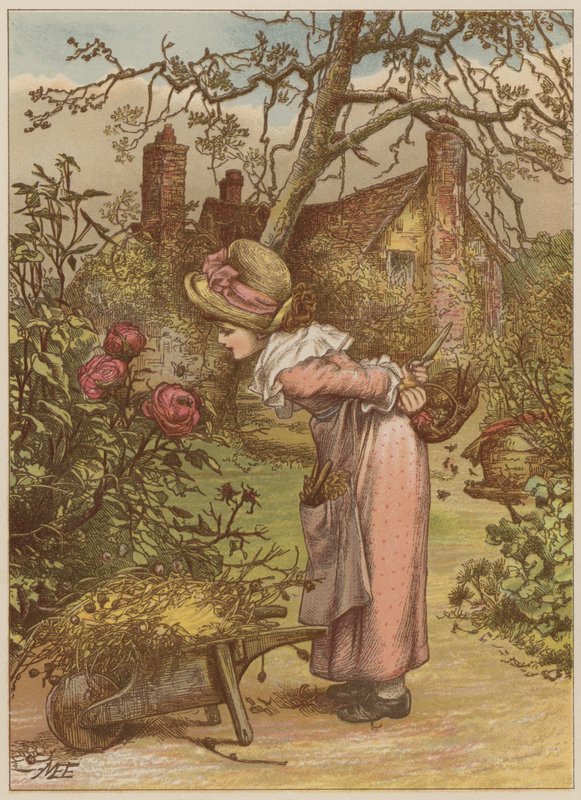 Tyttö katsomassa mehiläistä puutarhassa (chromolitho) tekijältä Mary Ellen Edwards