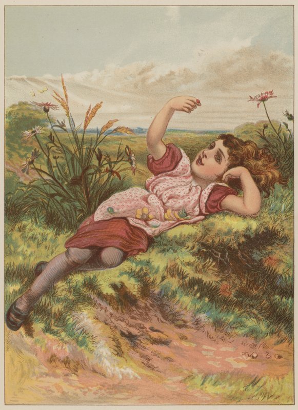 Tyttö leppäkertun kanssa (chromolitho) tekijältä Mary Ellen Edwards