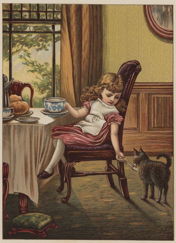 Tyttö mustalla kissalla (chromolitho) tekijältä Mary Ellen Edwards