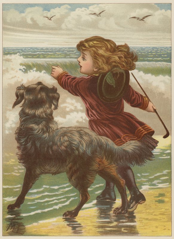 Tyttö koiran kanssa rannalla (chromolitho) tekijältä Mary Ellen Edwards