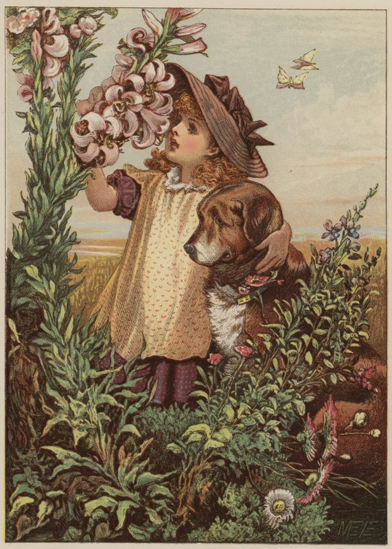 Tyttö koiran tuoksuvien kukkien kanssa (chromolitho) tekijältä Mary Ellen Edwards