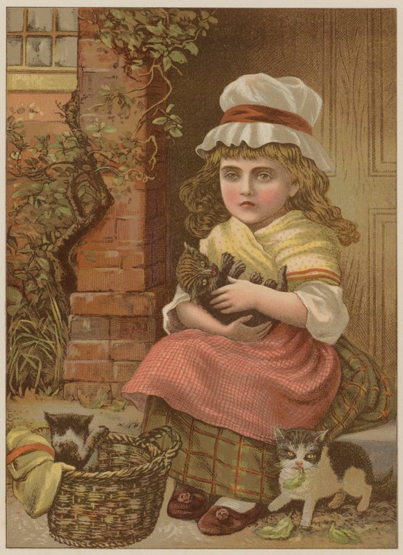 Tyttö kissanpennuineen (chromolitho) tekijältä Mary Ellen Edwards