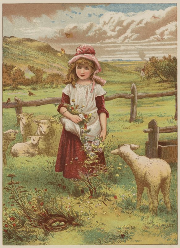 Tyttö kevätlammasta (chromolitho) tekijältä Mary Ellen Edwards