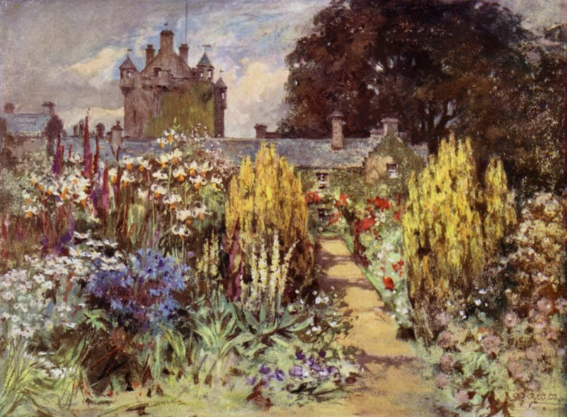 Scottish Gardens: Cawdor Castle (väri litho) tekijältä Mary Georgina Wade Wilson