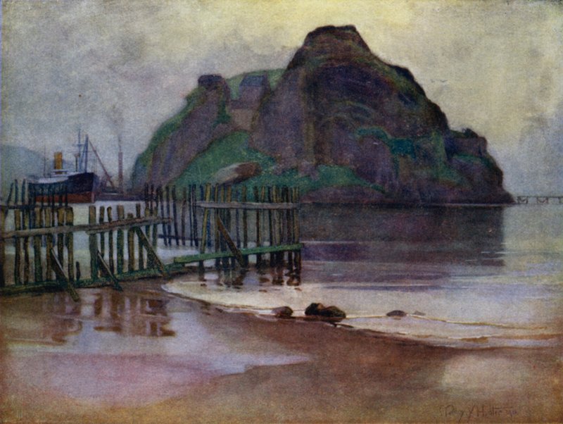 Laskuveden aamupäivällä, Dumbarton Rock (väri litho) tekijältä Mary Young Hunter