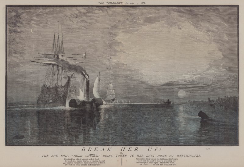 Erota hänet! tai Pahan laivan irlantilainen kirkko hinataan viimeiseen kotiinsa Westminsterissä (väri litho) tekijältä Matthew