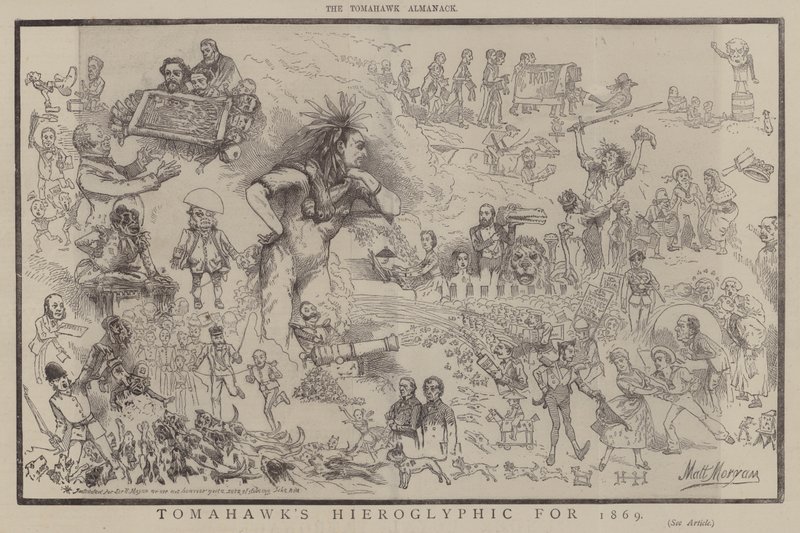 Tomahawkin hieroglyfi vuodelta 1869 (värinen lito) tekijältä Matthew
