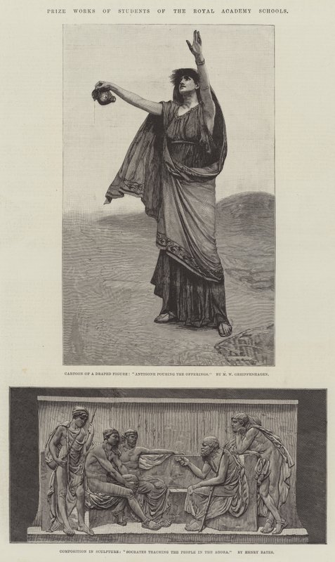 Kuninkaallisen akatemian koulujen opiskelijoiden palkintoteokset. Kuvitus The Illustrated London Newsille, 5. tammikuuta 1884 tekijältä Maurice Greiffenhagen
