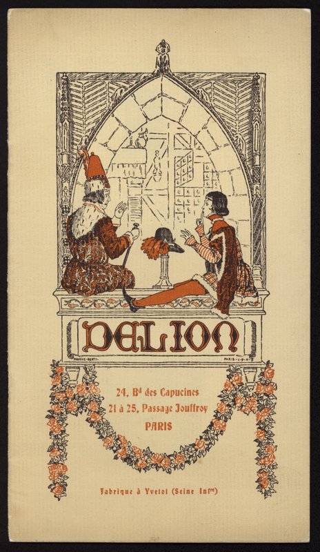 Kansikuva Delionin Pariisissa vuonna 1908 julkaisemaan hattuluetteloon (litho) tekijältä Maurice Berty