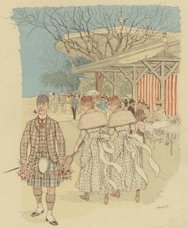 Skotlantilainen mies perinteisessä Highland-mekossa Ranskan Cannesin asukkaiden keskuudessa (väri litho) tekijältä Maurice Charles Mathieu Bonvoisin