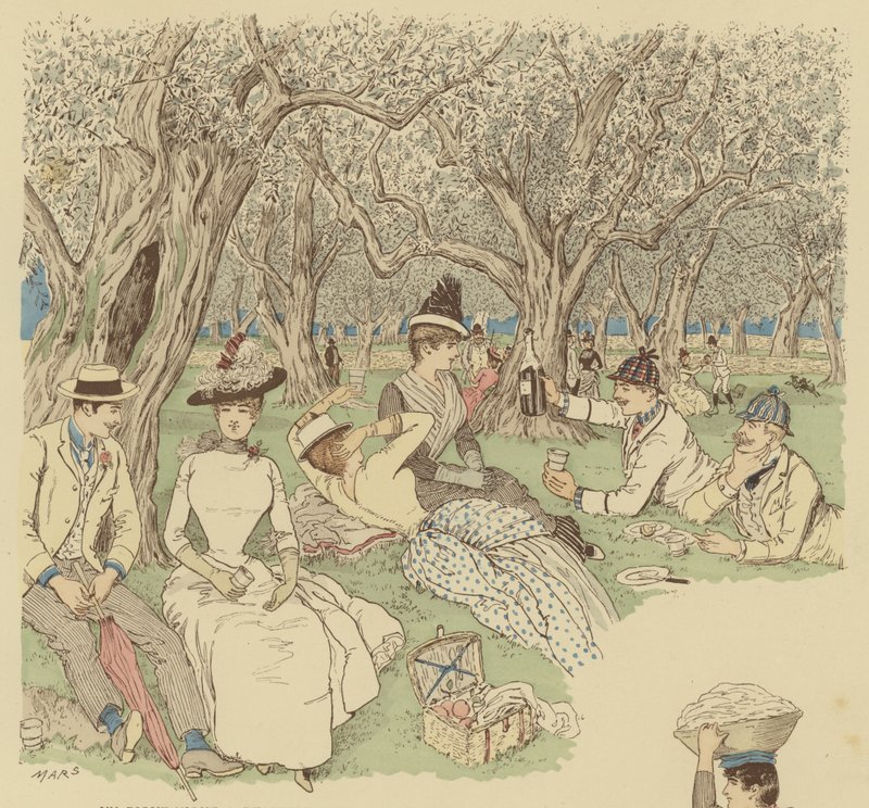 Piknik oliivipuiden alla Beaulieussa Etelä-Ranskassa (värilitho) tekijältä Maurice Charles Mathieu Bonvoisin