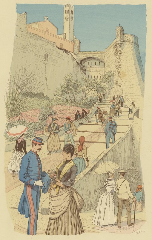 Ihmiset kävelevät Monacon kuninkaallisen palatsin Grand Staircase -portaalla. (väri lito) tekijältä Maurice Charles Mathieu Bonvoisin