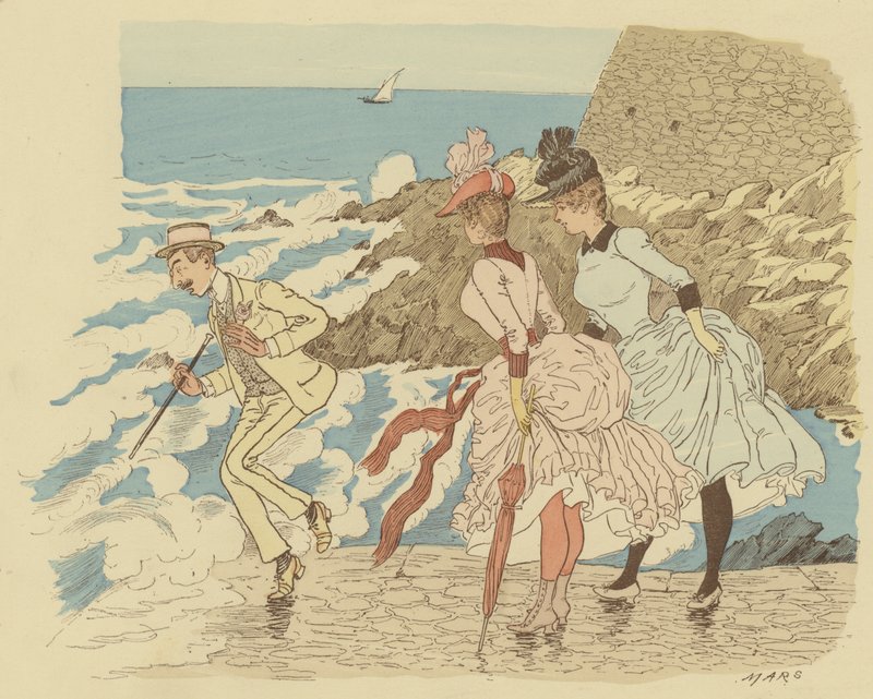 Seisoo laiturilla La Condamineissa Monte Carlossa; Monaco. (väri litho) tekijältä Maurice Charles Mathieu Bonvoisin