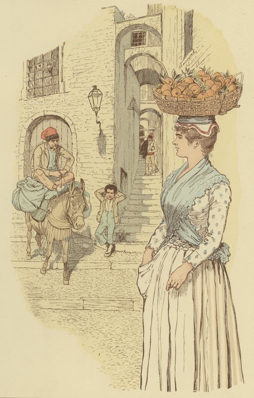 Katuelämää Italian San Remon vanhankaupungin kapeilla kujilla. (väri litho) tekijältä Maurice Charles Mathieu Bonvoisin