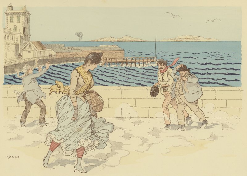 Mistral tekee tuulisesta päivästä Promenade de la Cornichella, Marseillessa, Ranskassa (väri litho) tekijältä Maurice Charles Mathieu Bonvoisin