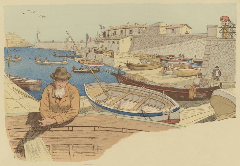 Tyypillinen venemies satamassa Nizzassa, Ranskassa (väri litho) tekijältä Maurice Charles Mathieu Bonvoisin