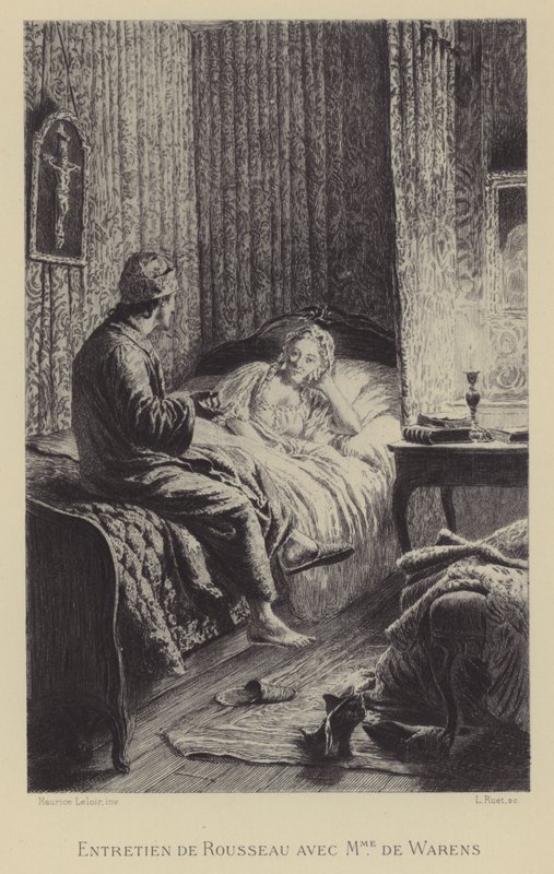 Rousseaun ja Madame de Warensin keskustelu (kaiverrus) tekijältä Maurice Leloir