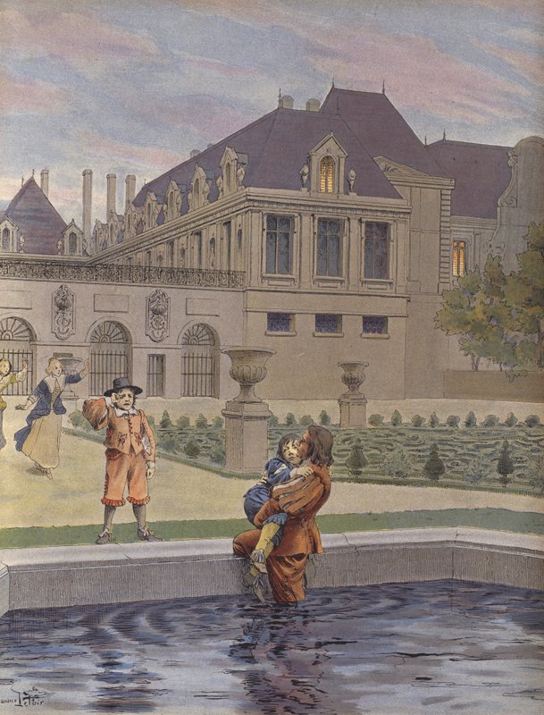 Nuoren Ludvig XIV:n putoaminen Palais-Royal-altaaseen tekijältä Maurice Leloir