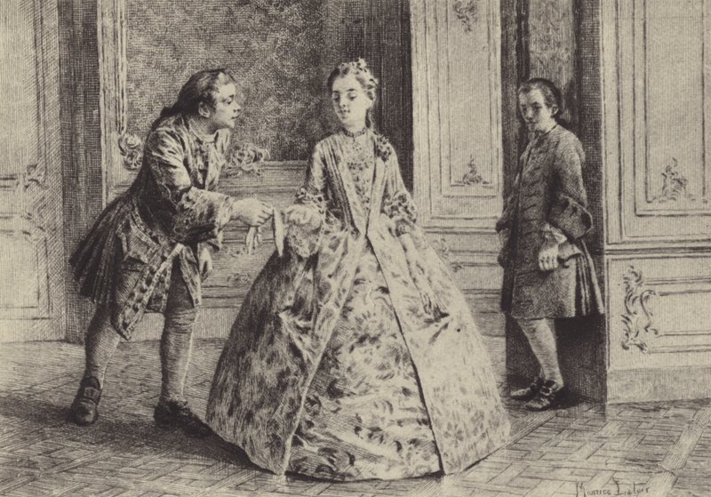 Kuvitus kirjaan III Jean-Jacques Rousseaun tunnustuksista (kaiverrus) tekijältä Maurice Leloir