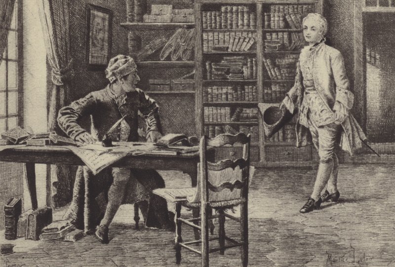 Kuvitus kirjaan IX Jean-Jacques Rousseaun tunnustuksista (kaiverrus) tekijältä Maurice Leloir
