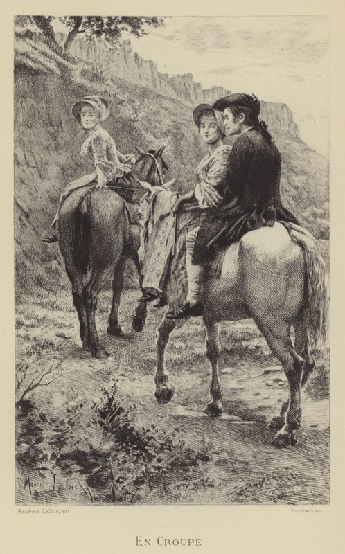 Jean-Jacques Rousseau ja kaksi nuorta naista matkalla hevosen selässä (syväpaino) tekijältä Maurice Leloir