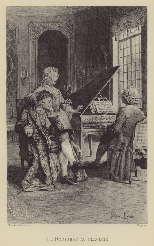 Jean-Jacques Rousseau cembalossa (syväpaino) tekijältä Maurice Leloir