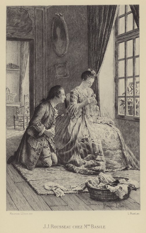 Jean-Jacques Rousseau Madame Basilen talossa (syväpaino) tekijältä Maurice Leloir