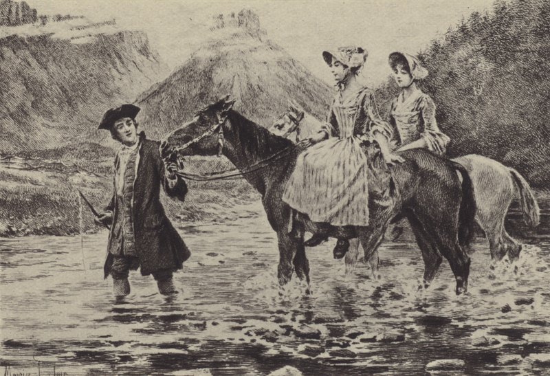Jean-Jacques Rousseau auttaa kahta nuorta naista ylittämään puron (syväpaino) tekijältä Maurice Leloir
