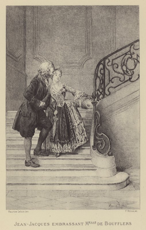 Jean-Jacques Rousseau suutelee Madame de Boufflersia (kaiverrus) tekijältä Maurice Leloir
