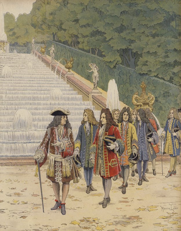 Kuningas Ludvig XIV ja Samuel Bernard Marlyssa, vierailu puutarhoissa tekijältä Maurice Leloir