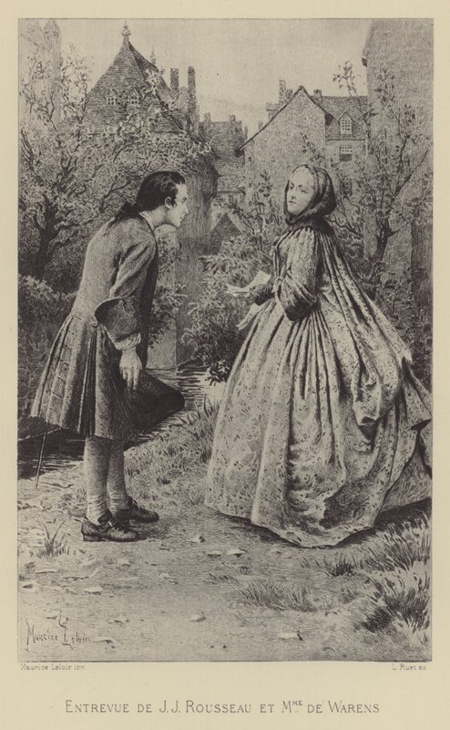 Jean-Jacques Rousseaun ja Madame de Warensin tapaaminen (kaiverrus) tekijältä Maurice Leloir
