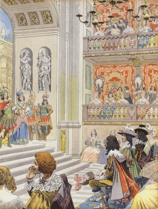 Esitys Palais Cardinal of Mirame -teatterissa, Richelieun ja Desmaretsin kirjoittama näytelmä tekijältä Maurice Leloir
