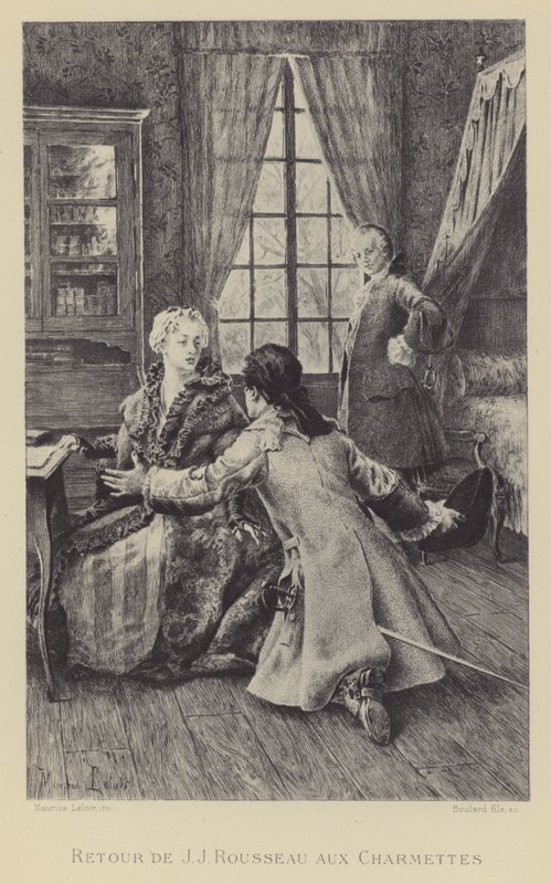 Jean-Jacques Rousseaun paluu Les Charmettesiin (kaiverrus) tekijältä Maurice Leloir