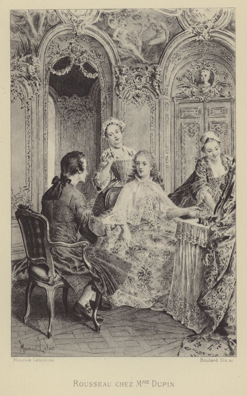 Rousseau Madame Dupinin luona (kaiverrus) tekijältä Maurice Leloir