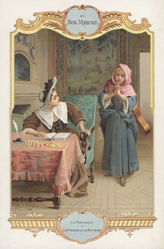 Kohtaus Jean de la Fontainesin sadusta La Cigale et la Fourmi (Muurahainen ja heinäsirkka) (chromolitho) tekijältä Maurice Leloir